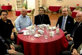 H.E. Archbishop Hovnan Derderian dines with trustees at Ararat Home in Mission Hills; from left to right: Peter Darakjian, Ron Nazeley, Nazar H. Ashjian Jr., CPA, the Primate, Sinan Sinanian, Joseph Kanimian, Esq., Armen Hampar