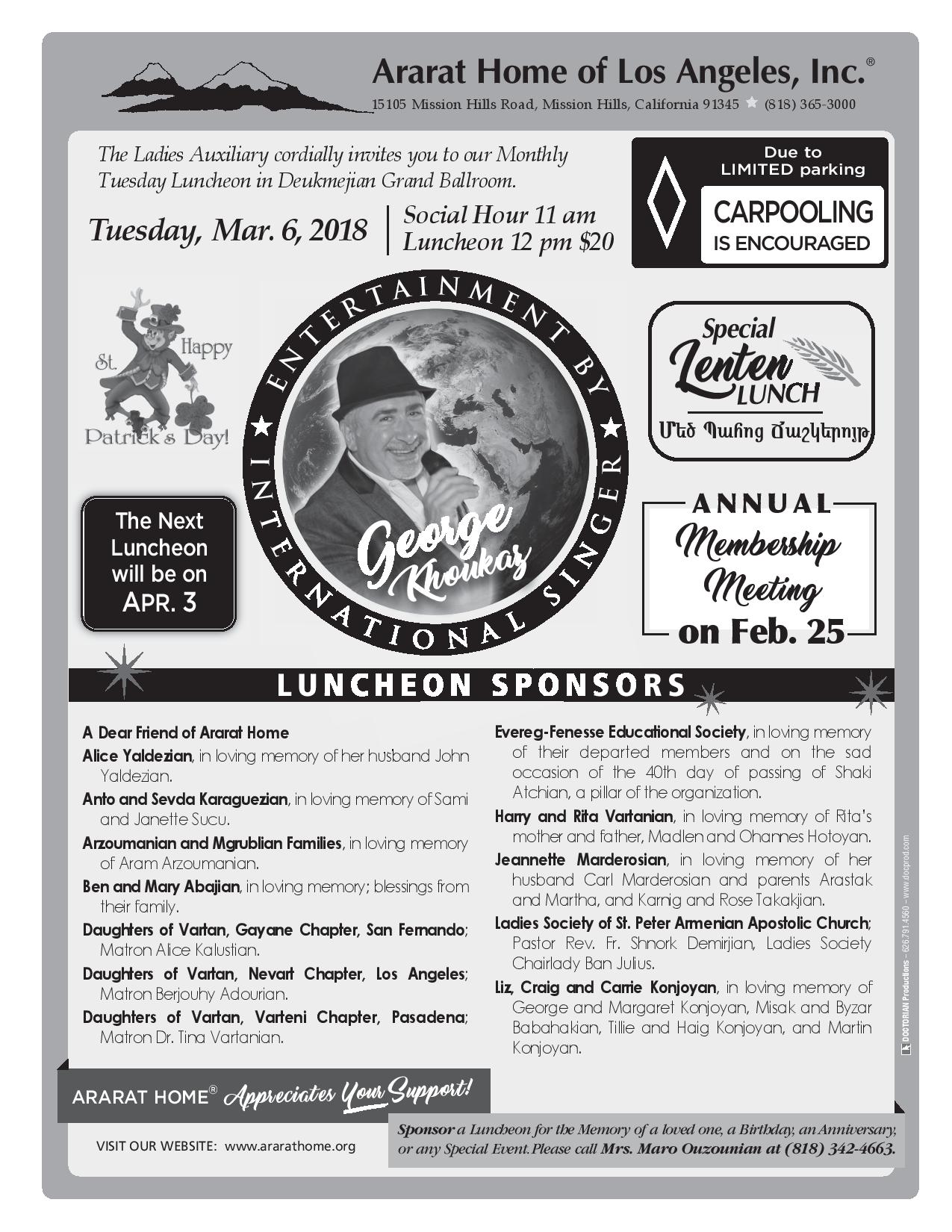 Ararat Home » Monthly Tuesday Luncheon (March)