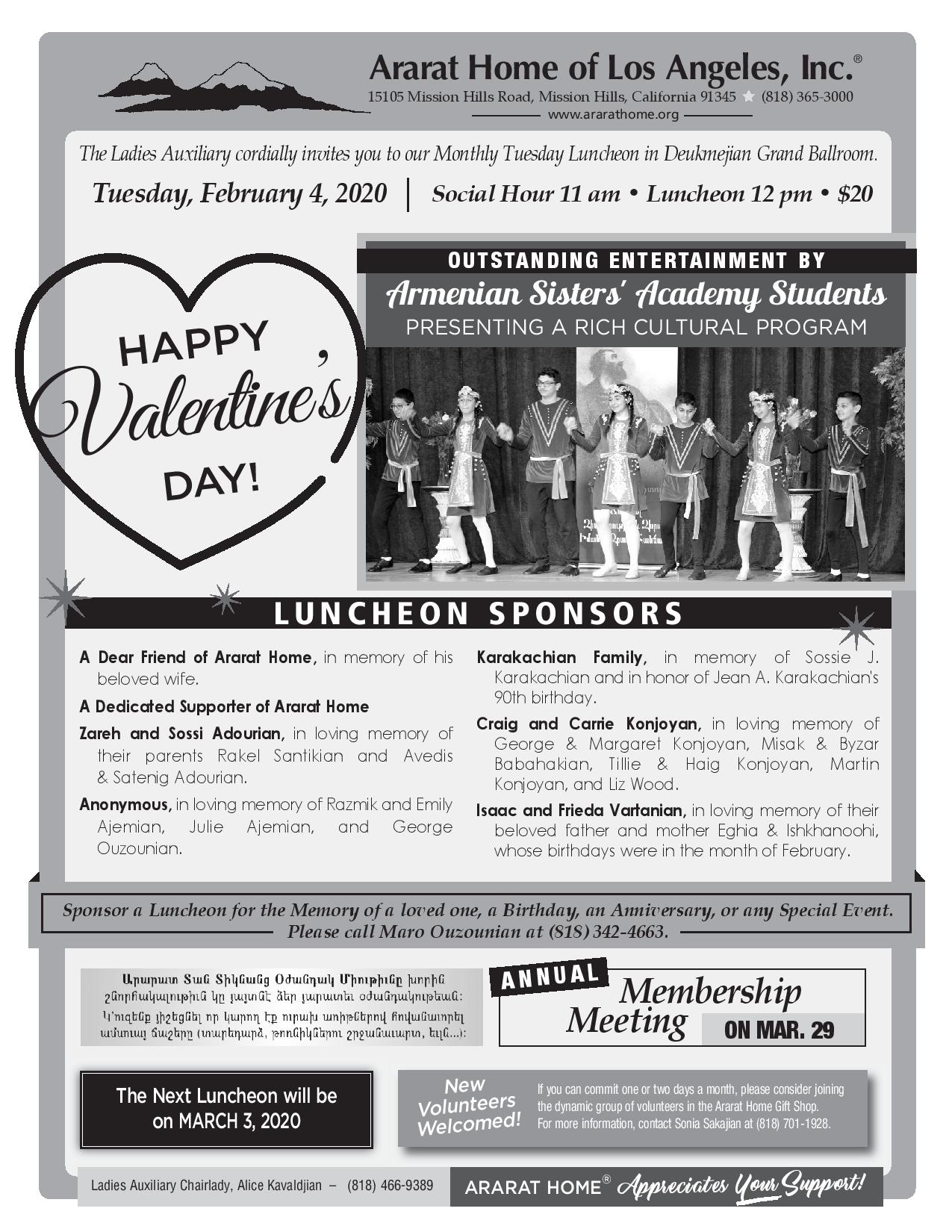 Ararat Home » Monthly Tuesday Luncheon (February)